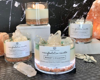 Energy CLEARING & CLEANSING Candle **Blessed and Charged** Crystals Oils Herbs + Botanicals (Quartz, Sage, Cedar, Palo Santo) - Great Gift!