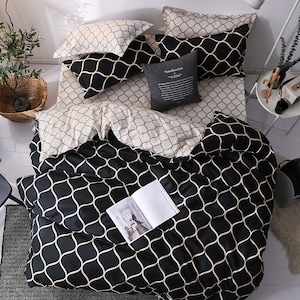 CONTEMPORARY Reversible 3 Piece DUVET Cover + 2 Pillow Case Set - Abstract Minimalist Chic | Vintage Meets Modern | Boho Vibes [Queen/King]
