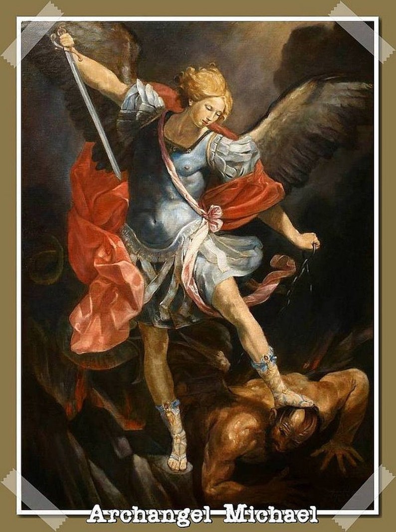 May include: An oil painting depicting Archangel Michael, a figure with blonde hair, wings, and armor, holding a sword over a defeated figure. The angel is stepping on the defeated figure. The painting has a dark background and a red drape.