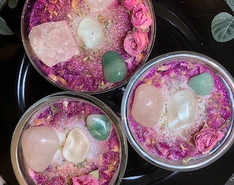 Divine Feminine GODDESS Self-Love Crystal Candle **Blessed and Charged** w/Crystals Oils Herbs & Botanicals (Rose Quartz, Aventurine)