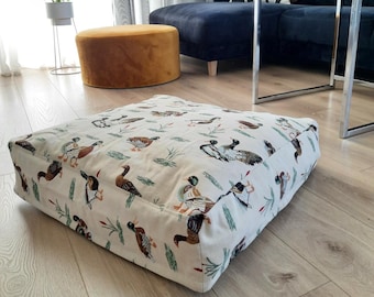 Gobelin Duck pouf square cover, yoga meditation pillow, custom size floor cushion, velvet ottoman.