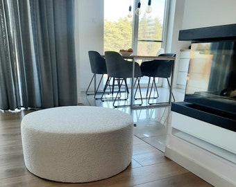 White Boucle Pouf, XXL modern seat,  circle round ottoman, stylish floor pillow.
