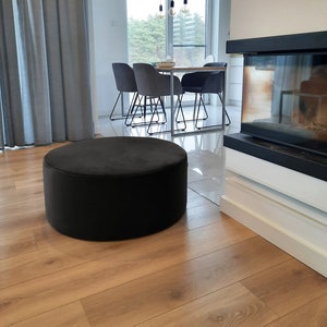 Velvet Pouf – Black Big Ottoman, Handmade Floor Cushion, Soft Footstool, Minimalist Home Decor, Modern Velour Furniture