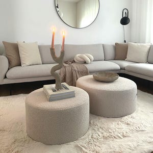 Modern boucle pouf, beige cozy teddy ottoman, floor cushion, floor pillow, gaming table, home decor, coffee table, footstool, bedsidetable