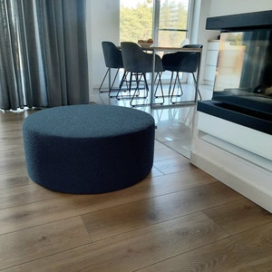 Boucle Pouf – Navy Blue Cozy Teddy Upholstered Ottoman, Handmade Floor Cushion, Minimalist Footstool, Soft Modern Home Decor