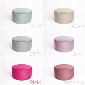 May include: Six round velvet ottomans in different colors: mint, cream, grey, lilac, pink, and dirty pink.