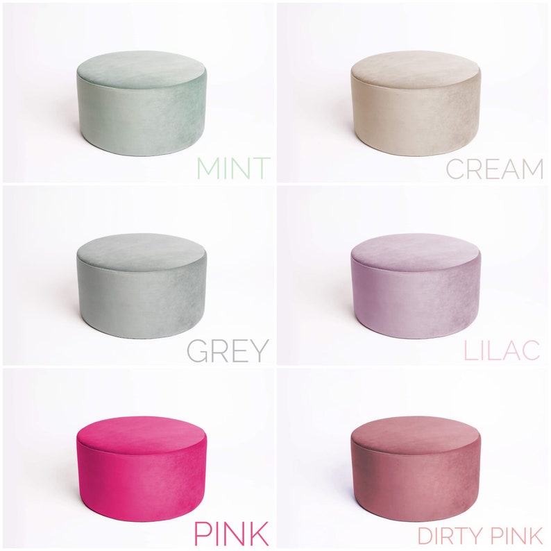 May include: Six round velvet ottomans in different colors: mint, cream, grey, lilac, pink, and dirty pink.