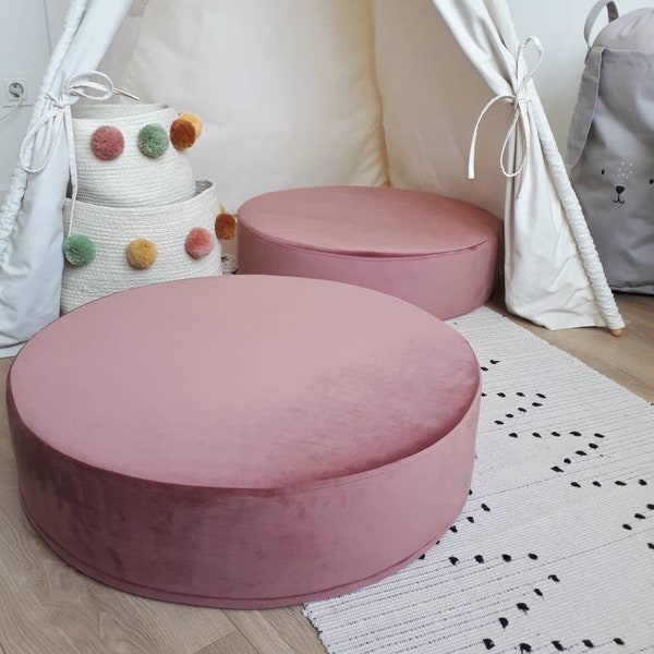 Oreiller de sol pouf pouf en velours rose, grand coussin rond rose sale oreiller d'assise élégant pouf rond en velours table basse lit pour chien