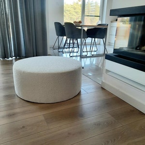 White Boucle Pouf, XXL modern seat,  circle round ottoman, stylish floor pillow.