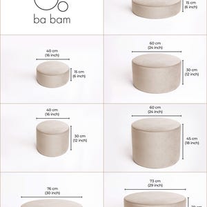 May include: A variety of beige round ottomans in different sizes. The image includes measurements in inches and centimeters, with the largest ottoman measuring 30 inches in diameter. The brand logo "ba bam" is in the upper left corner.
