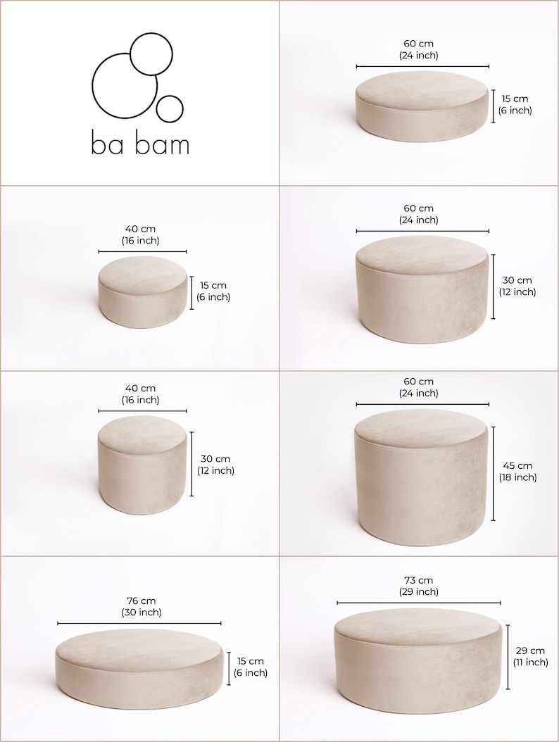 May include: A variety of beige round ottomans in different sizes. The image includes measurements in inches and centimeters, with the largest ottoman measuring 30 inches in diameter. The brand logo "ba bam" is in the upper left corner.