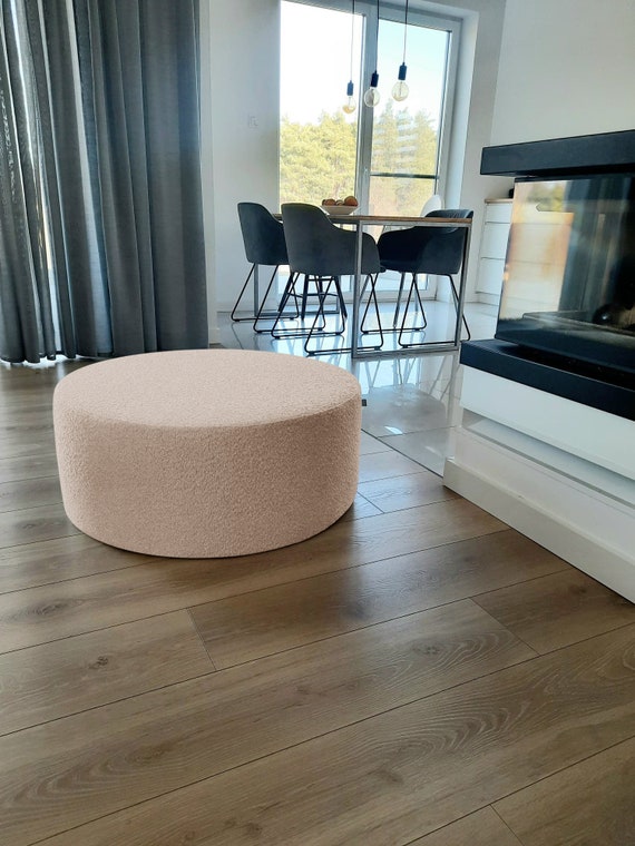 Modern Boucle Pouf Dark Beige Cozy Teddy Ottoman Floor Cushion
