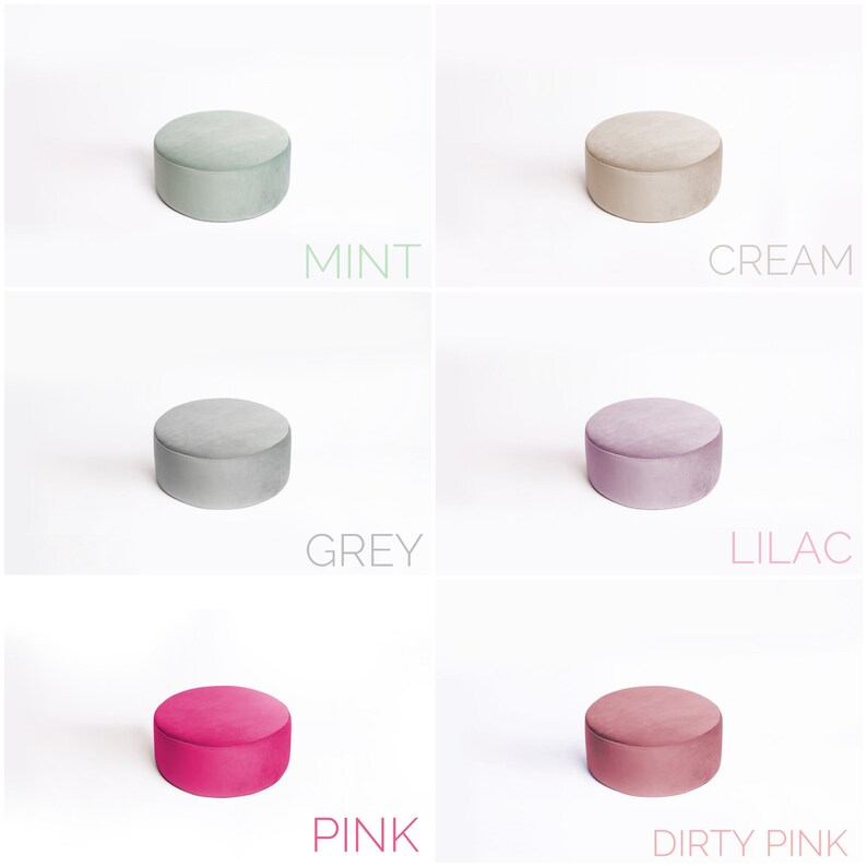 May include: A collection of round, upholstered ottomans in various colors, including mint, cream, grey, lilac, pink, and dirty pink. Each ottoman is a solid color, with the color name displayed below each one. The ottomans are on a white background.