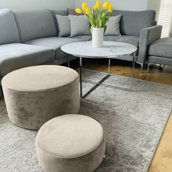 Modern Velvet POUF Cream Circle Round Pouf Velour Pillow Floor