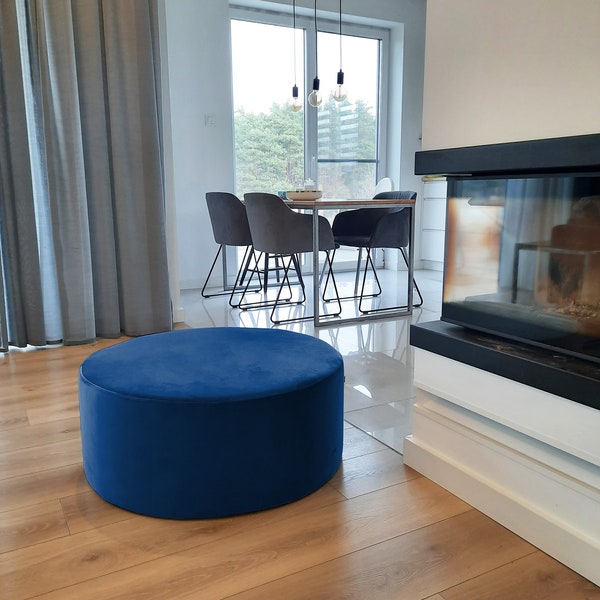 Pouf bleu marine, pouf XXL en velours, ottoman rond rond, coussin de sol en velours.