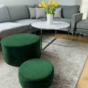 Pouf en velours vert bouteille, pouf rond rond au sol, coussin en velours, décoration d'intérieur, table basse élégante image 1