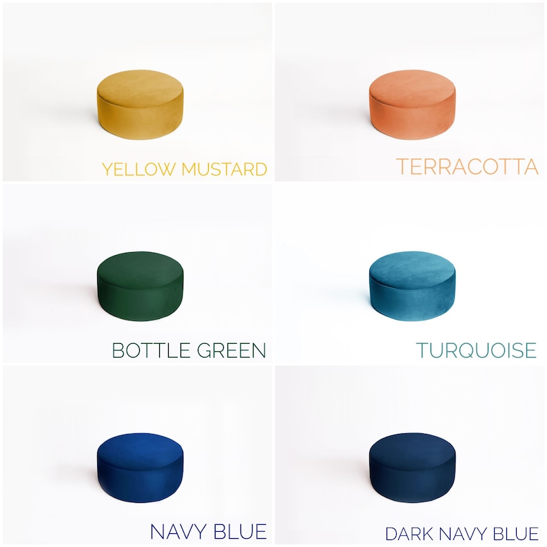 May include: A collection of six small, round velvet ottomans in various colors. Colors include yellow mustard, terracotta, bottle green, turquoise, navy blue, and dark navy blue. Each ottoman is labeled with its respective color name.