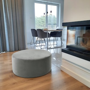 Velvet Pouf – Grey Circle Ottoman, Handmade Floor Cushion, Soft Footstool, Minimalist Home Decor, Modern Furniture Design