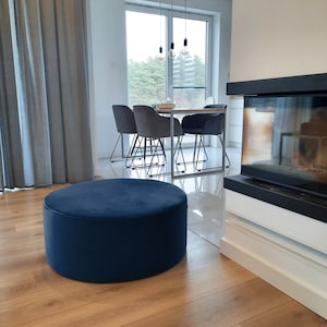Velvet Pouf – Dark Navy Blue Velvet Ottoman, Handmade Floor Cushion, Soft Footstool, Minimalist Home Decor, Modern Velvet Furniture