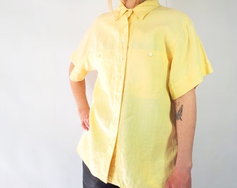 Nordstrom Linen Yellow Boxy Shirt, Short Sleeve Button Up Over Shirt, Vintage 1990s Blouse, Lemon Yellow Top, Minimalist Shirt, Unisex