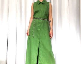 Green Linen Maxi Dress, Button Up Lime Green Summer Shirt Dress, by Simons Contemporaine