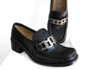 Patrick Cox Wannabe Shoes, Mint Condition, Size 37, 90s Vintage Designer Black Leather Loafer Chunky Heels, Made in Italy