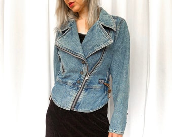 Denim Moto Jacket, Vintage 90s, Made in Canada by Carletti Jeans , Light Wash Unique Denim Jacket, Motorcycle Jacket