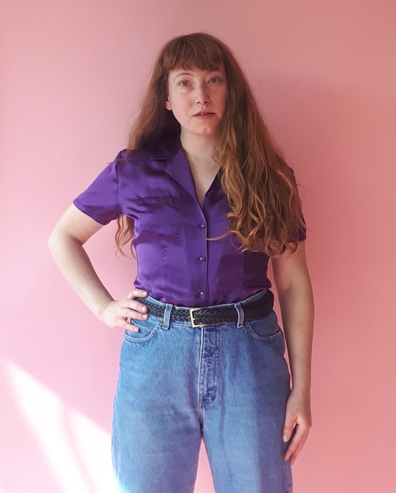Vintage 90s Jacob Purple Silk Short Sleeve Blouse