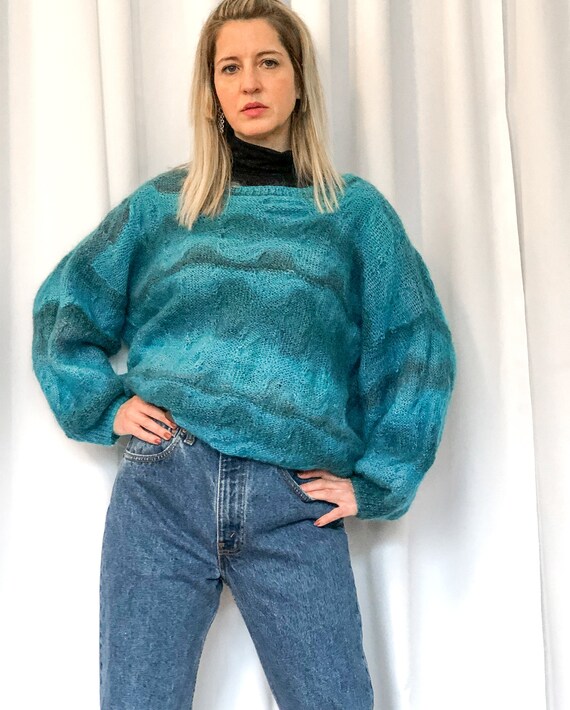 Hand Knit Blue Wool Sweater with Unique Knit Desi… - image 5