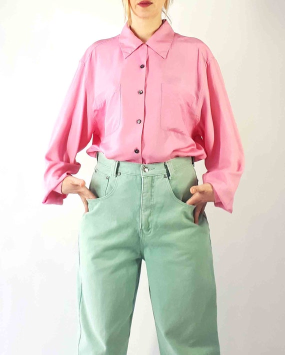90s Silk Pajama Top Pale pink Blouse L
