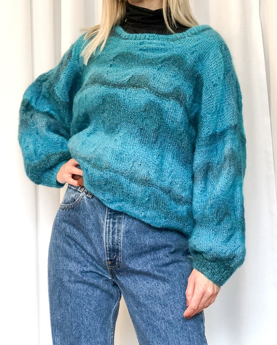 Hand Knit Blue Wool Sweater with Unique Knit Desi… - image 3