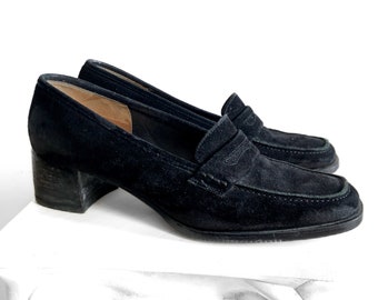 Salvatore Ferragamo Black Suede Loafer Shoes, Size 7.5, Size 38 Designer Loafer Heels, Square Heeled Suede Loafers, Made in Italy,