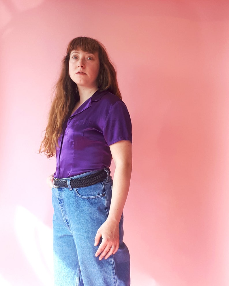 Vintage 90s Jacob Purple Silk Short Sleeve Blouse