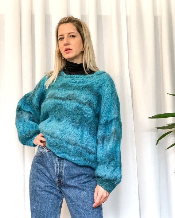 Hand Knit Blue Wool Sweater with Unique Knit Desi… - image 4