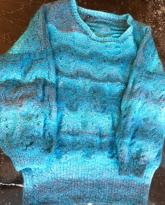 Hand Knit Blue Wool Sweater with Unique Knit Desi… - image 9