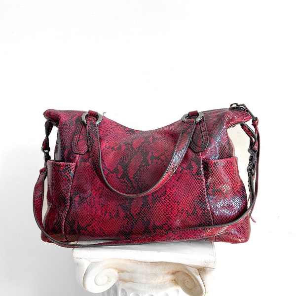 Aimee Kestenberg Red Stamped Leather Python Bag, Large City Bag Style Purse, Designer, Luxury Brand, Convertible Hand and Shoulder Bag
