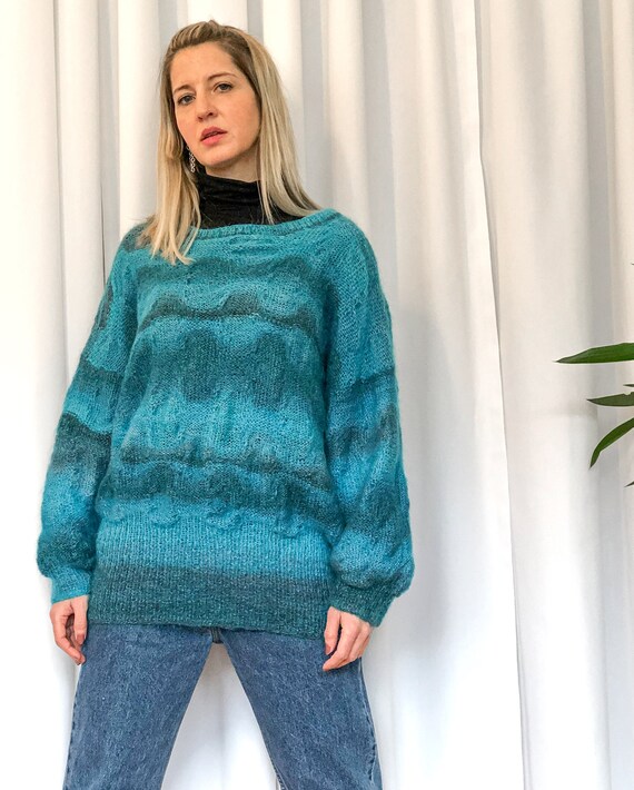 Hand Knit Blue Wool Sweater with Unique Knit Desi… - image 6