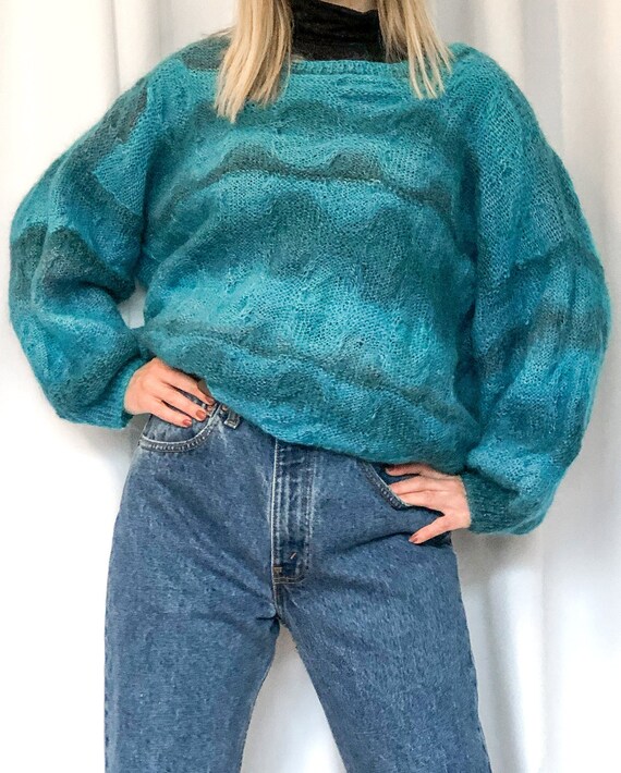 Hand Knit Blue Wool Sweater with Unique Knit Desi… - image 2