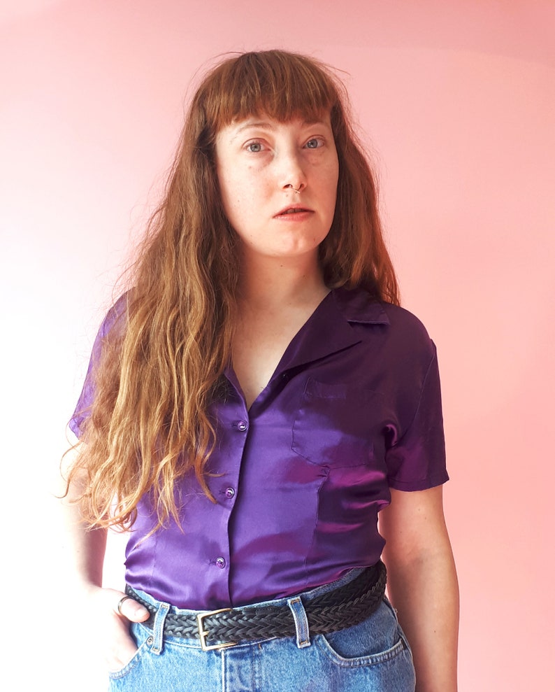Vintage 90s Jacob Purple Silk Short Sleeve Blouse