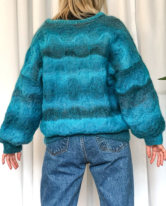 Hand Knit Blue Wool Sweater with Unique Knit Desi… - image 8