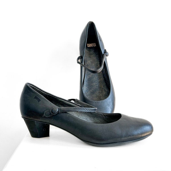 Camper Mary Jane Heels Size 37, Mint Condition Black Leather Mary Janes With Low Angular Unique Style Heel Made in Mallorca Spain