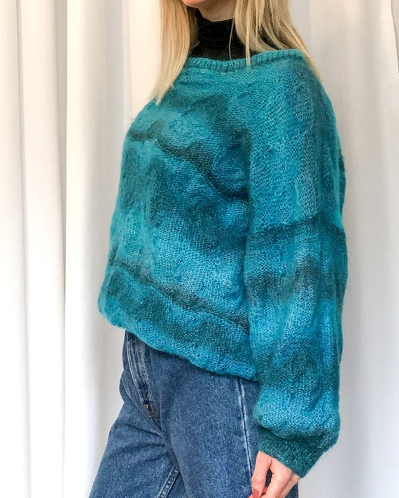 Hand Knit Blue Wool Sweater with Unique Knit Desi… - image 1