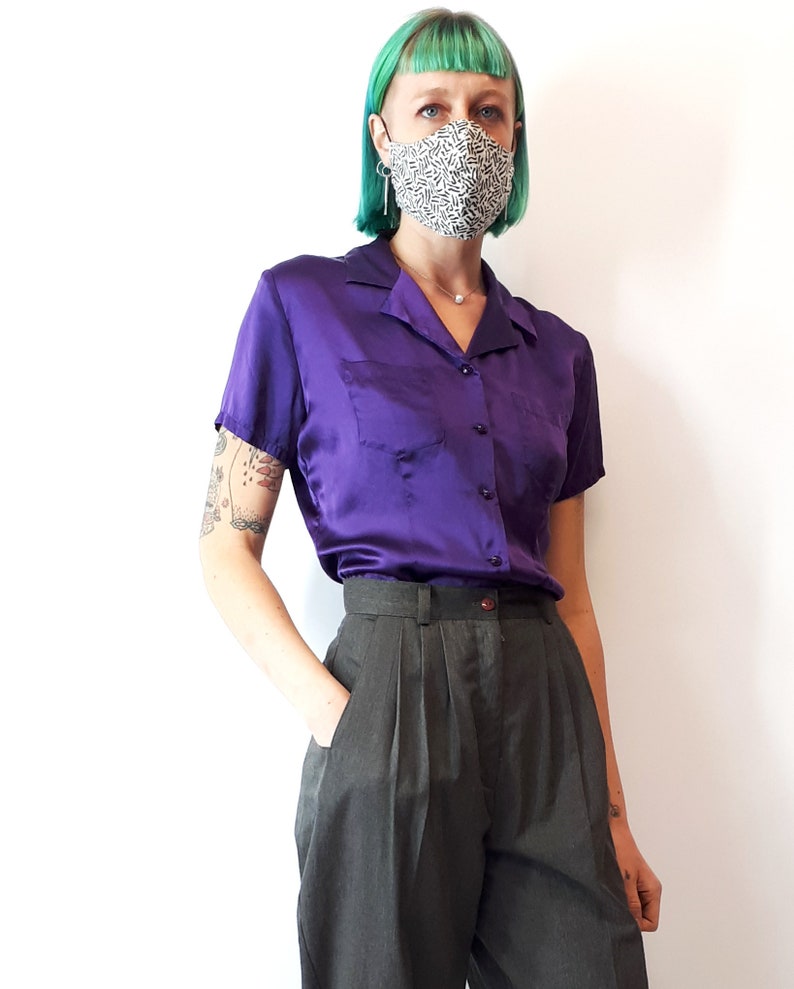 Vintage 90s Jacob Purple Silk Short Sleeve Blouse