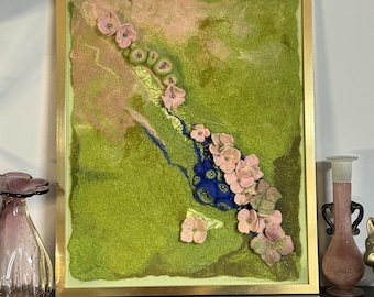 Felted Wool Picture with Flowers Art Felt Wall Decor 16x20”