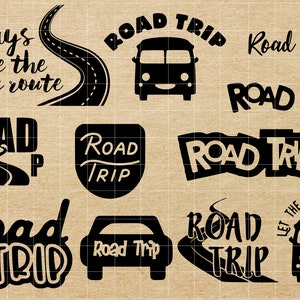 May include: A set of 10 black and white road trip themed SVG cut files. The designs include a road, a car, a van, and the text "Road Trip".
