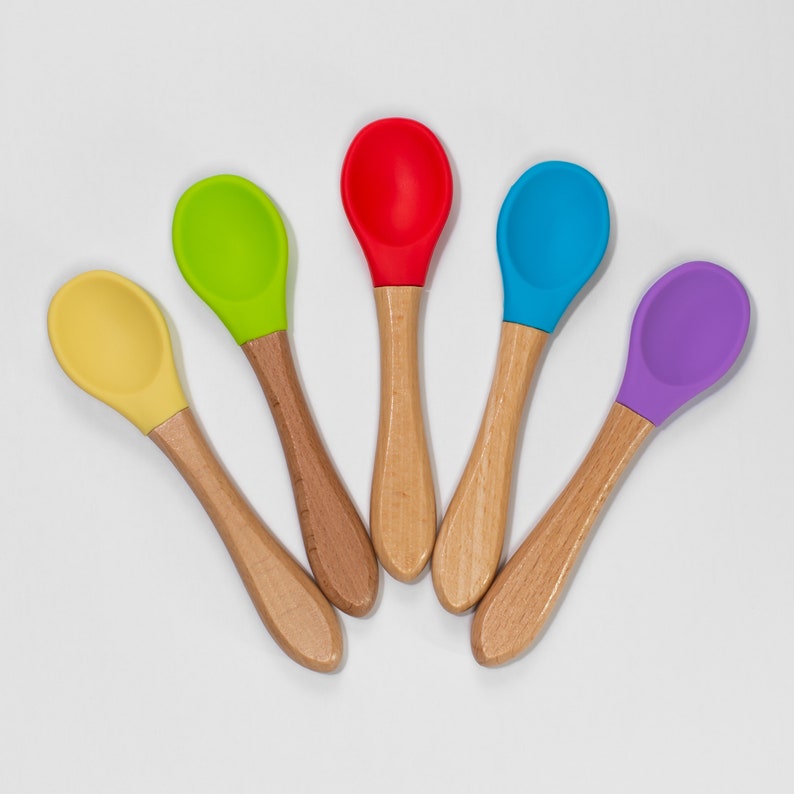 5 Wooden Silicone Feeding Spoons for Babies and Toddlers Etsy