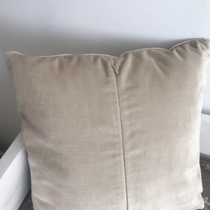 May include: A beige velvet pillow with a zipper closure. The pillow is lying on a patterned surface.