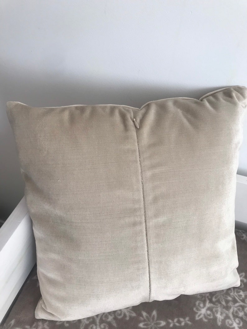 May include: A beige velvet pillow with a zipper closure. The pillow is lying on a patterned surface.