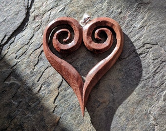 Carved Heart Scroll Wooden Pendant, walnut silver