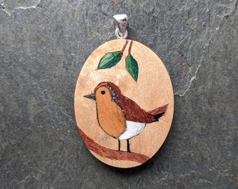 Handmade Miniature Marquetry Robin Pendant, wood silver